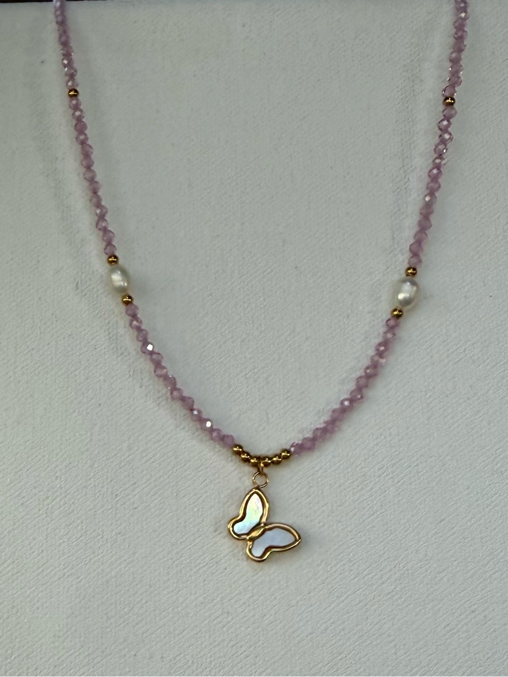 SS Pink Beaded Necklace with Gold Butterfly Pendant